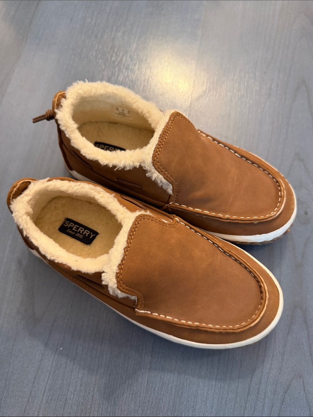 Sperry Tan Brown Faux-Shearling Slip-On Moccasins for Kids